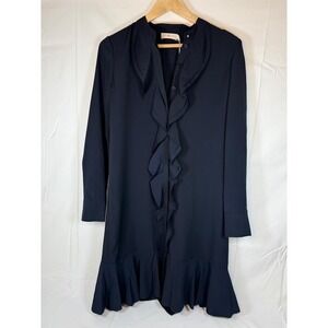 Tory Burch Women's Jane Dress Navy Blue 0 Long Sleeves Ruffled Shirtdress $425